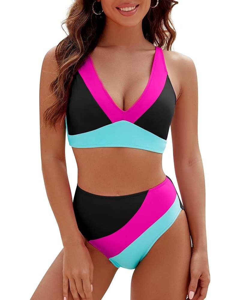 Womens High Waisted Bikini Sets Sporty Two Piece Swimsuits Color Block Full Coverage Bathing Suits Black $22.00 Swimsuits