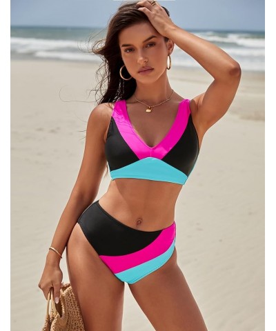 Womens High Waisted Bikini Sets Sporty Two Piece Swimsuits Color Block Full Coverage Bathing Suits Black $22.00 Swimsuits