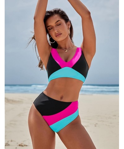 Womens High Waisted Bikini Sets Sporty Two Piece Swimsuits Color Block Full Coverage Bathing Suits Black $22.00 Swimsuits