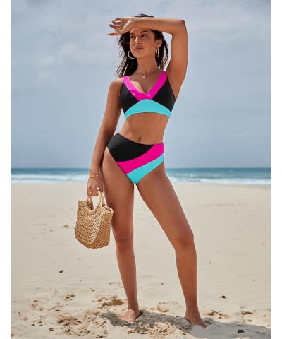 Womens High Waisted Bikini Sets Sporty Two Piece Swimsuits Color Block Full Coverage Bathing Suits Black $22.00 Swimsuits