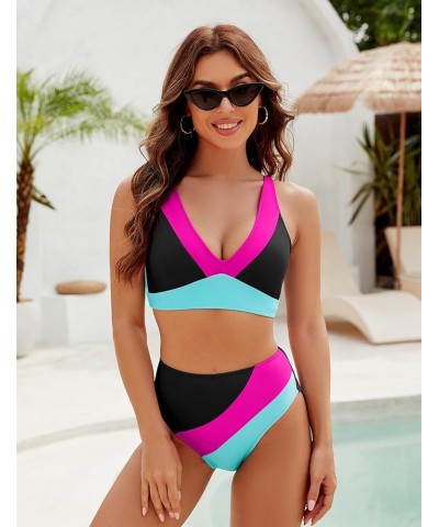 Womens High Waisted Bikini Sets Sporty Two Piece Swimsuits Color Block Full Coverage Bathing Suits Black $22.00 Swimsuits