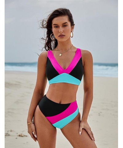 Womens High Waisted Bikini Sets Sporty Two Piece Swimsuits Color Block Full Coverage Bathing Suits Black $22.00 Swimsuits