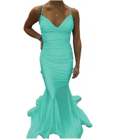 Elastic Satin Mermaid Prom Dresses Long for Women Fitted V-Neck Formal Evening Gowns for Wedding Guest Cross Back Mint $37.95...