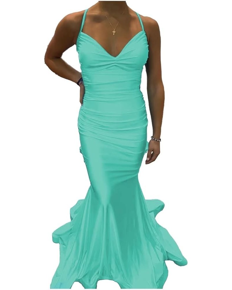 Elastic Satin Mermaid Prom Dresses Long for Women Fitted V-Neck Formal Evening Gowns for Wedding Guest Cross Back Mint $37.95...