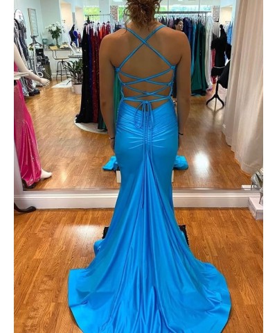 Elastic Satin Mermaid Prom Dresses Long for Women Fitted V-Neck Formal Evening Gowns for Wedding Guest Cross Back Mint $37.95...