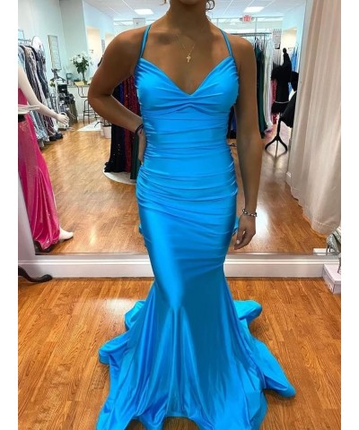 Elastic Satin Mermaid Prom Dresses Long for Women Fitted V-Neck Formal Evening Gowns for Wedding Guest Cross Back Mint $37.95...