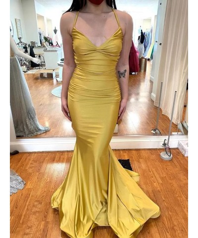 Elastic Satin Mermaid Prom Dresses Long for Women Fitted V-Neck Formal Evening Gowns for Wedding Guest Cross Back Mint $37.95...