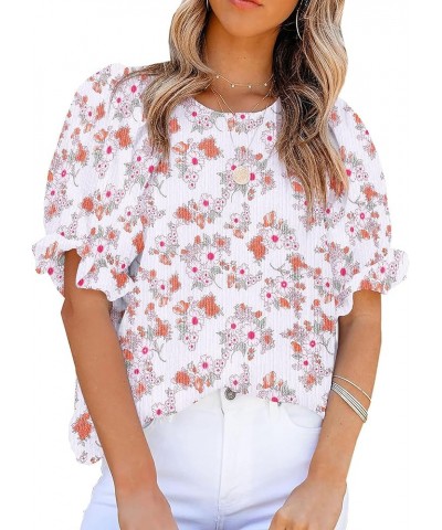 Womens Blouses Dressy Casual Spring Floral Print Crewneck Smocked Puff Short Sleeve Shirts 2 Orange $13.56 Blouses