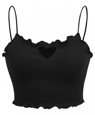 Women's Heart Cut Out Lettuce Trim Sleeveless Spaghetti Strap Crop Cami Tank Top Vest Black $10.19 Tanks