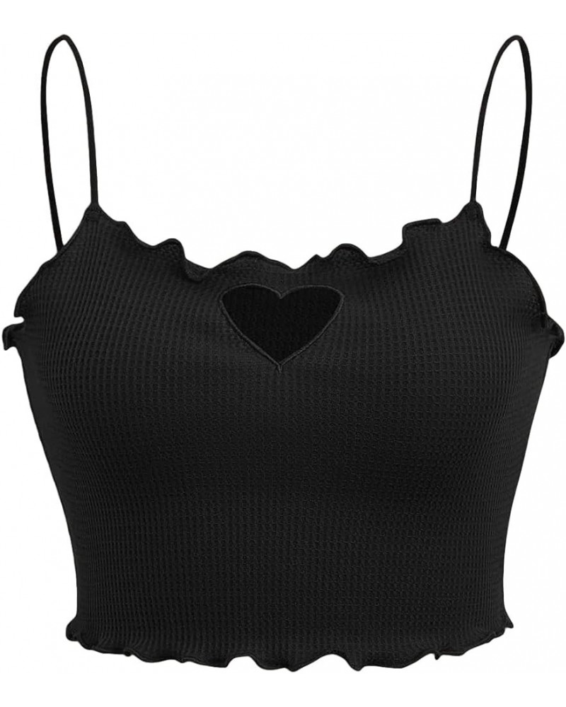 Women's Heart Cut Out Lettuce Trim Sleeveless Spaghetti Strap Crop Cami Tank Top Vest Black $10.19 Tanks