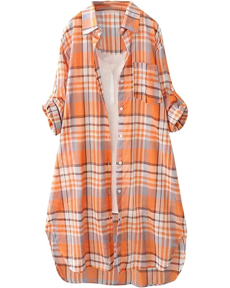 Button Top Mid-Long Lapel Plaid Cardigan Roll Up Long Sleeve Top for Women with Pocket Tunic Tops Orange_33 $8.47 Sweaters