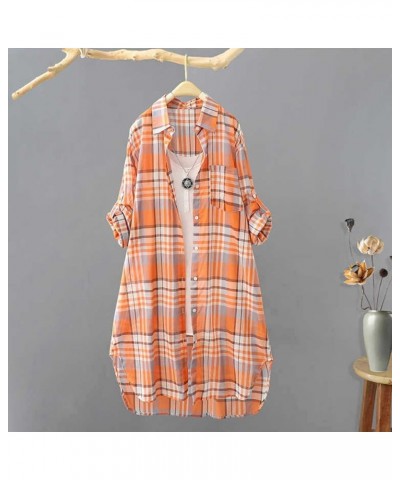 Button Top Mid-Long Lapel Plaid Cardigan Roll Up Long Sleeve Top for Women with Pocket Tunic Tops Orange_33 $8.47 Sweaters