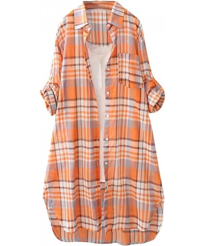 Button Top Mid-Long Lapel Plaid Cardigan Roll Up Long Sleeve Top for Women with Pocket Tunic Tops Orange_33 $8.47 Sweaters