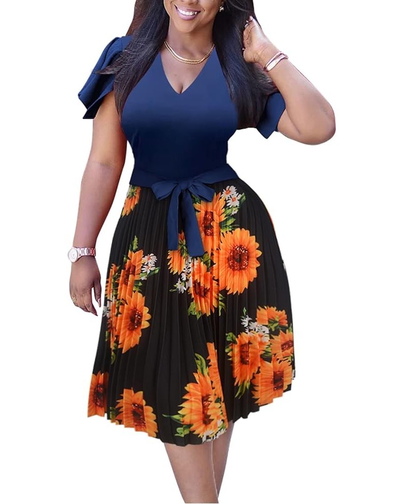 Women's Short Sleeve High Waist Pleated A-line Dress Sheath Midi Dress Navy $17.20 Dresses