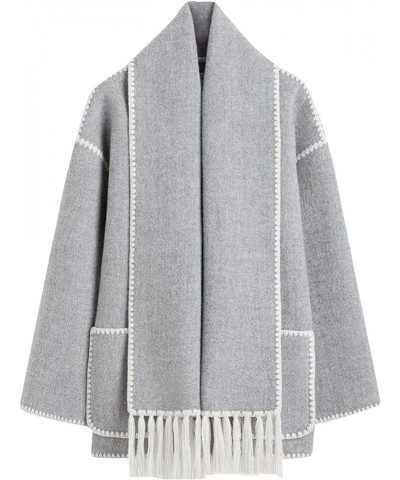 Womens Single-Breasted Wool Blend Coat Scarf 2 in 1 Oversized Contrast Binding Jacket Outerwear with Pockets Gray $19.80 Coats