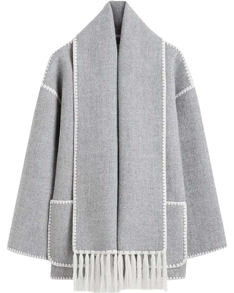 Womens Single-Breasted Wool Blend Coat Scarf 2 in 1 Oversized Contrast Binding Jacket Outerwear with Pockets Gray $19.80 Coats