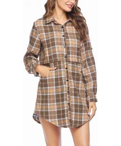 Womens Flannel Plaid Shirts Roll Up Long Sleeve Pockets Mid-Long Casual Boyfriend Shirts Khaki $15.73 Blouses