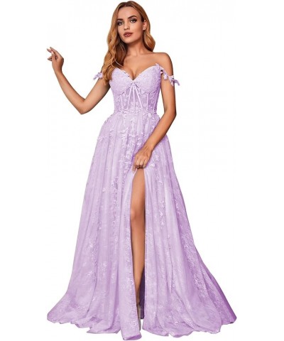 Womens Split Lace Off The Shoulder Prom Dresses with Appliques Long Tulle Formal Dress Lavender $62.88 Dresses