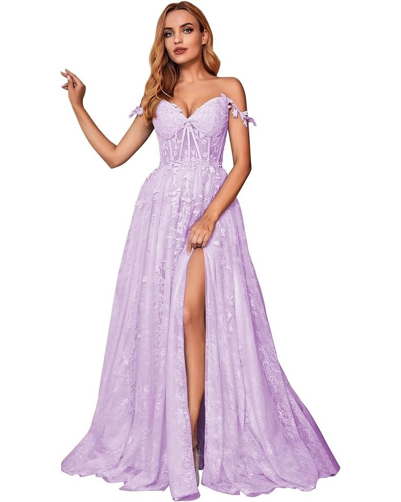 Womens Split Lace Off The Shoulder Prom Dresses with Appliques Long Tulle Formal Dress Lavender $62.88 Dresses