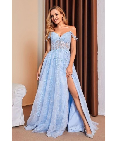 Womens Split Lace Off The Shoulder Prom Dresses with Appliques Long Tulle Formal Dress Lavender $62.88 Dresses