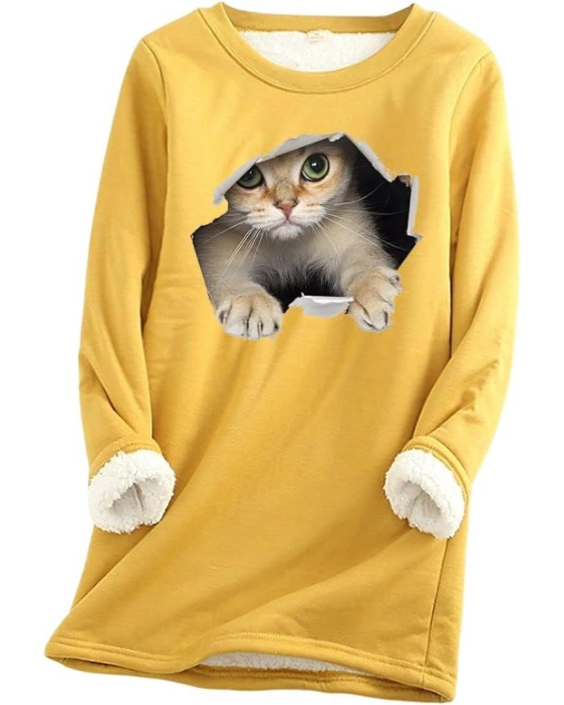 Women's Cute Cat Print Cat Lovers Casual Sweatshirt Sherpa Fleece Lined Warm Crew Neck Long Sleve Pullover Tops Yellow $19.13...