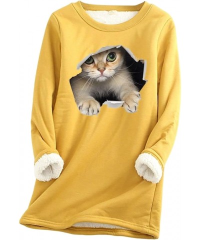 Women's Cute Cat Print Cat Lovers Casual Sweatshirt Sherpa Fleece Lined Warm Crew Neck Long Sleve Pullover Tops Yellow $19.13...