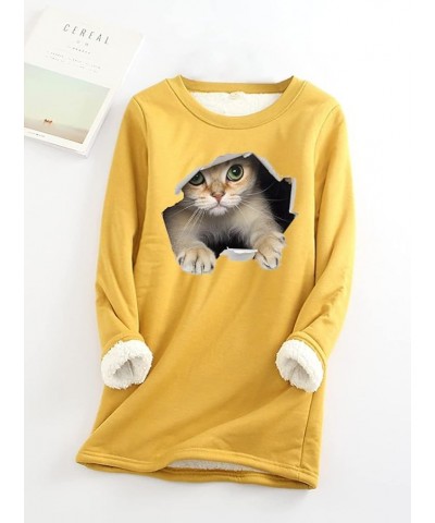 Women's Cute Cat Print Cat Lovers Casual Sweatshirt Sherpa Fleece Lined Warm Crew Neck Long Sleve Pullover Tops Yellow $19.13...