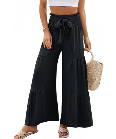 Women Linen Pants Summer Vacation Outfits Wide Leg High Waisted Pants Palazzo Flowy Pants Trouser 2024 Black $13.76 Pants