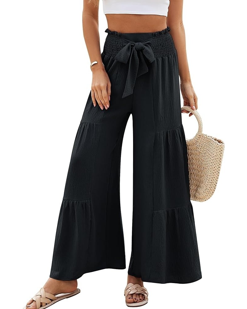 Women Linen Pants Summer Vacation Outfits Wide Leg High Waisted Pants Palazzo Flowy Pants Trouser 2024 Black $13.76 Pants