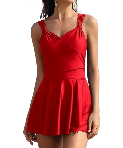 Womens Elegant One Piece Swimdress Tummy Control Crossover Skirted Swimsuit Red $21.10 Swimsuits