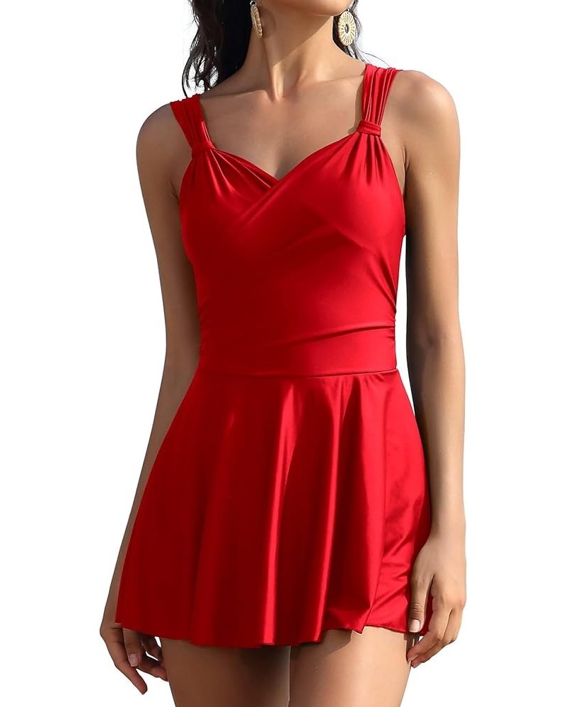 Womens Elegant One Piece Swimdress Tummy Control Crossover Skirted Swimsuit Red $21.10 Swimsuits