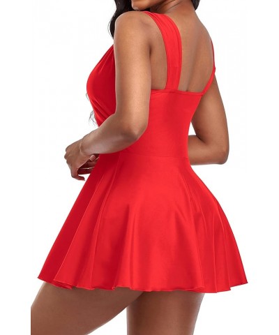 Womens Elegant One Piece Swimdress Tummy Control Crossover Skirted Swimsuit Red $21.10 Swimsuits