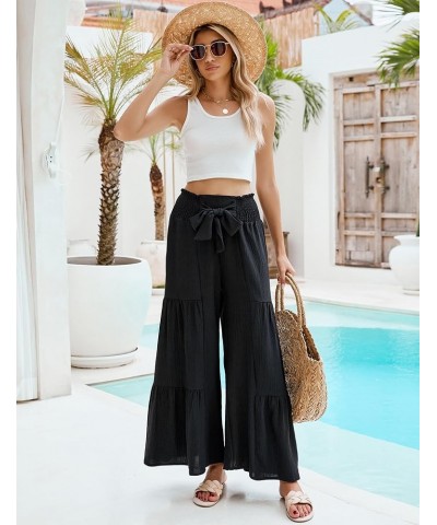 Women Linen Pants Summer Vacation Outfits Wide Leg High Waisted Pants Palazzo Flowy Pants Trouser 2024 Black $13.76 Pants