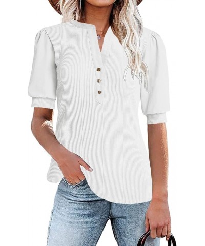 Women's Casual Ribbed Puff Sleeve Top V Neck Button Henley Shirts Casual Blouses White $9.50 Tops