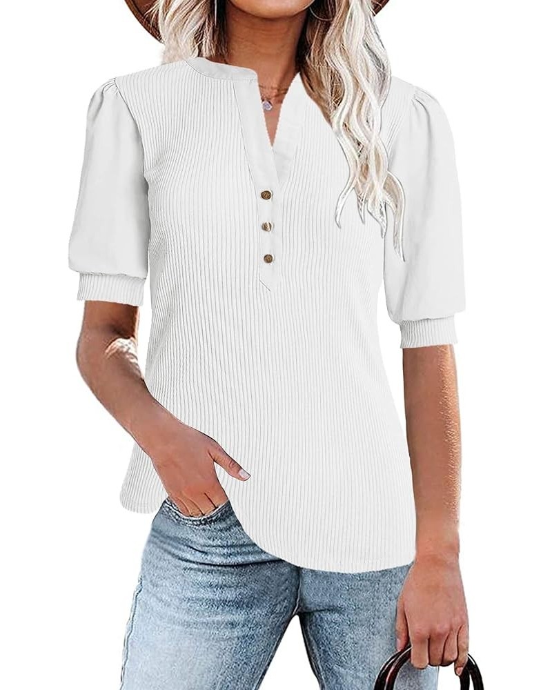 Women's Casual Ribbed Puff Sleeve Top V Neck Button Henley Shirts Casual Blouses White $9.50 Tops