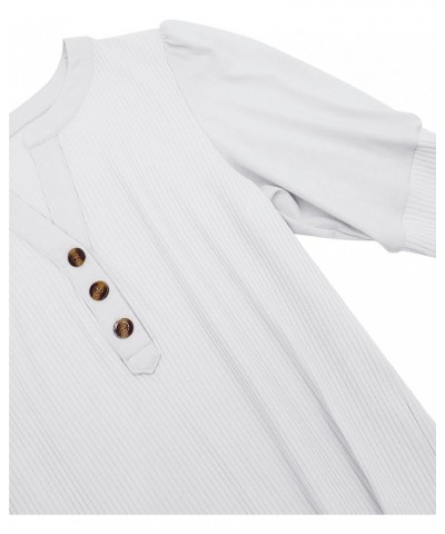 Women's Casual Ribbed Puff Sleeve Top V Neck Button Henley Shirts Casual Blouses White $9.50 Tops