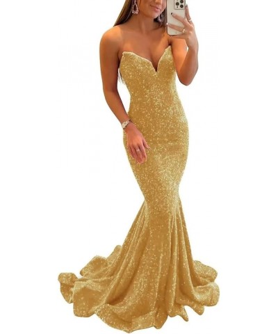 Sequin Evening Dresses for Women Formal Long Party Gowns Mermaid Sparkly V-Neck Prom Dress Gold $31.50 Dresses