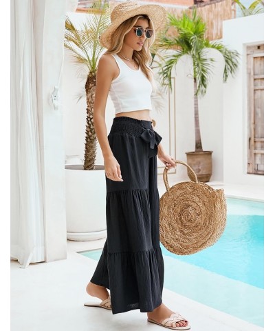 Women Linen Pants Summer Vacation Outfits Wide Leg High Waisted Pants Palazzo Flowy Pants Trouser 2024 Black $13.76 Pants