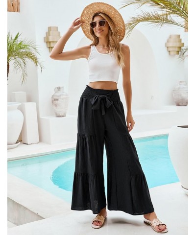 Women Linen Pants Summer Vacation Outfits Wide Leg High Waisted Pants Palazzo Flowy Pants Trouser 2024 Black $13.76 Pants