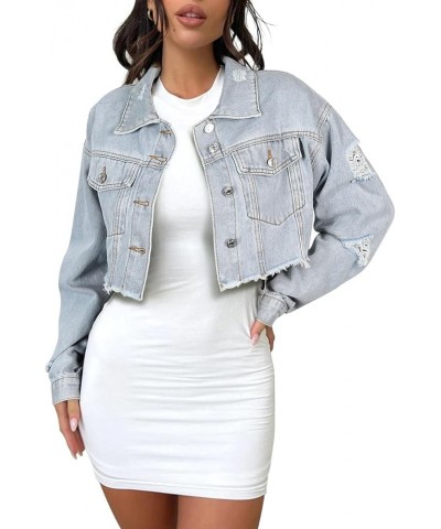 Women's Cropped Jean Jacket Fashion Frayed Hem Denim Jacket Long Sleeve Dressy Button Down Outfit Jackets Light Blue $19.00 J...