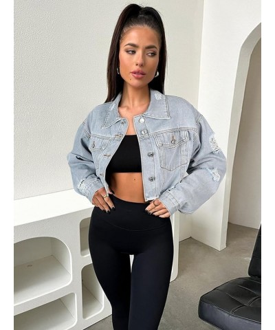 Women's Cropped Jean Jacket Fashion Frayed Hem Denim Jacket Long Sleeve Dressy Button Down Outfit Jackets Light Blue $19.00 J...