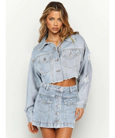 Women's Cropped Jean Jacket Fashion Frayed Hem Denim Jacket Long Sleeve Dressy Button Down Outfit Jackets Light Blue $19.00 J...