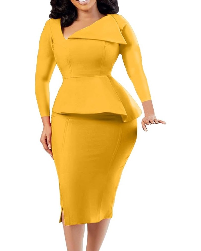 Wedding Guest Dress Women's Slim Bodycon Ruffle Short Sleeve Cocktail Midi Pencil Dress for Wedding Guest Women Cygb-yellow $...