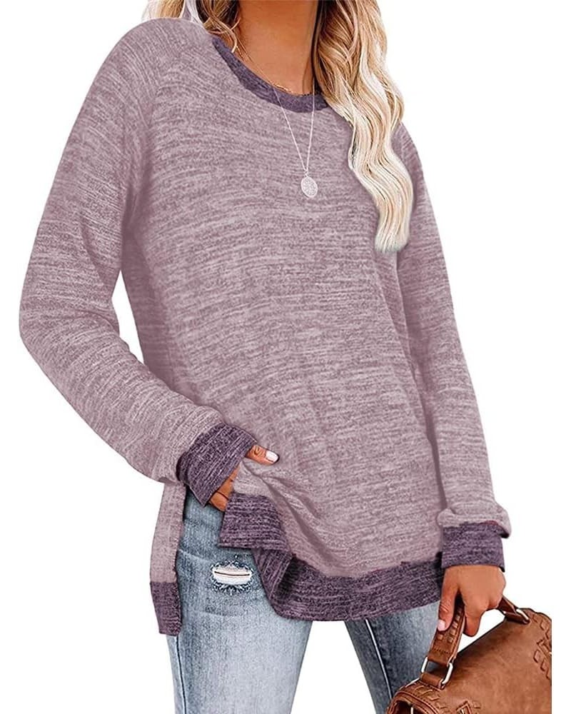 Womens Color Block Long Sleeve Shirts Crew Neck Pullover Sweatshirt Side Split Casual Tunic Tops Light Pink $13.25 Tops