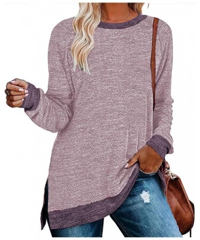 Womens Color Block Long Sleeve Shirts Crew Neck Pullover Sweatshirt Side Split Casual Tunic Tops Light Pink $13.25 Tops