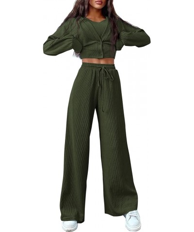 Womens 2024 Fall Track Suits 3 Piece Outfits Matching Sets Ribbed Knit Cardigan Cropped Tank Tops Wide Leg Pants Army Green $...