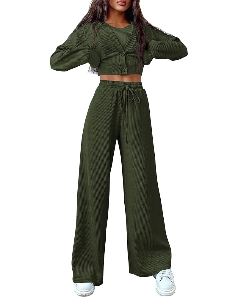 Womens 2024 Fall Track Suits 3 Piece Outfits Matching Sets Ribbed Knit Cardigan Cropped Tank Tops Wide Leg Pants Army Green $...