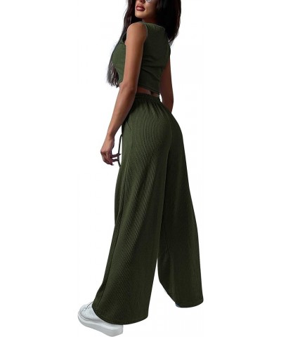 Womens 2024 Fall Track Suits 3 Piece Outfits Matching Sets Ribbed Knit Cardigan Cropped Tank Tops Wide Leg Pants Army Green $...