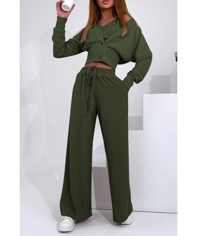 Womens 2024 Fall Track Suits 3 Piece Outfits Matching Sets Ribbed Knit Cardigan Cropped Tank Tops Wide Leg Pants Army Green $...