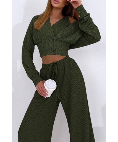 Womens 2024 Fall Track Suits 3 Piece Outfits Matching Sets Ribbed Knit Cardigan Cropped Tank Tops Wide Leg Pants Army Green $...